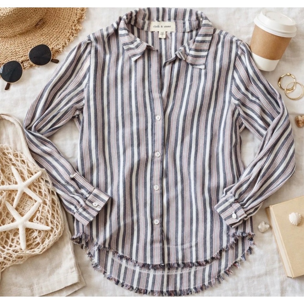 Cloth & Stone Womens Small Striped Linen Blend Frayed Hem Button Down Shirt Blue